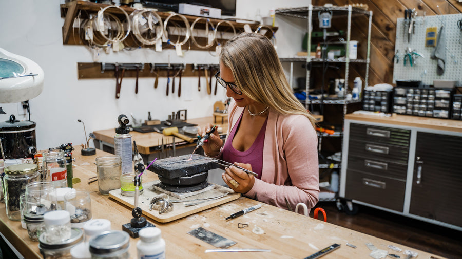 Hand-forging silver jewelry for breckenridge colorado by emily dicob at the Sterling Roots Studio.