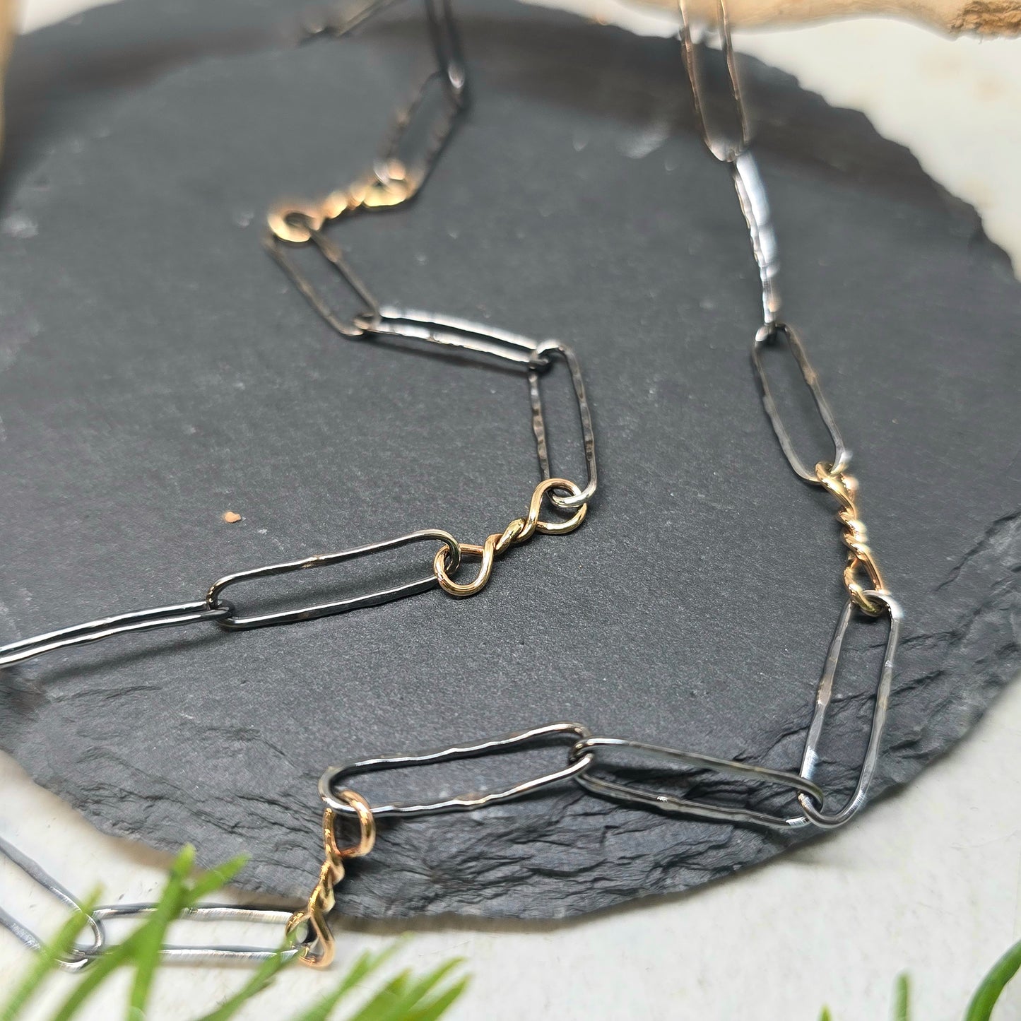 14K Gold Twisted Link Paperclip Chain in Hammered Sterling Silver | Collector Works