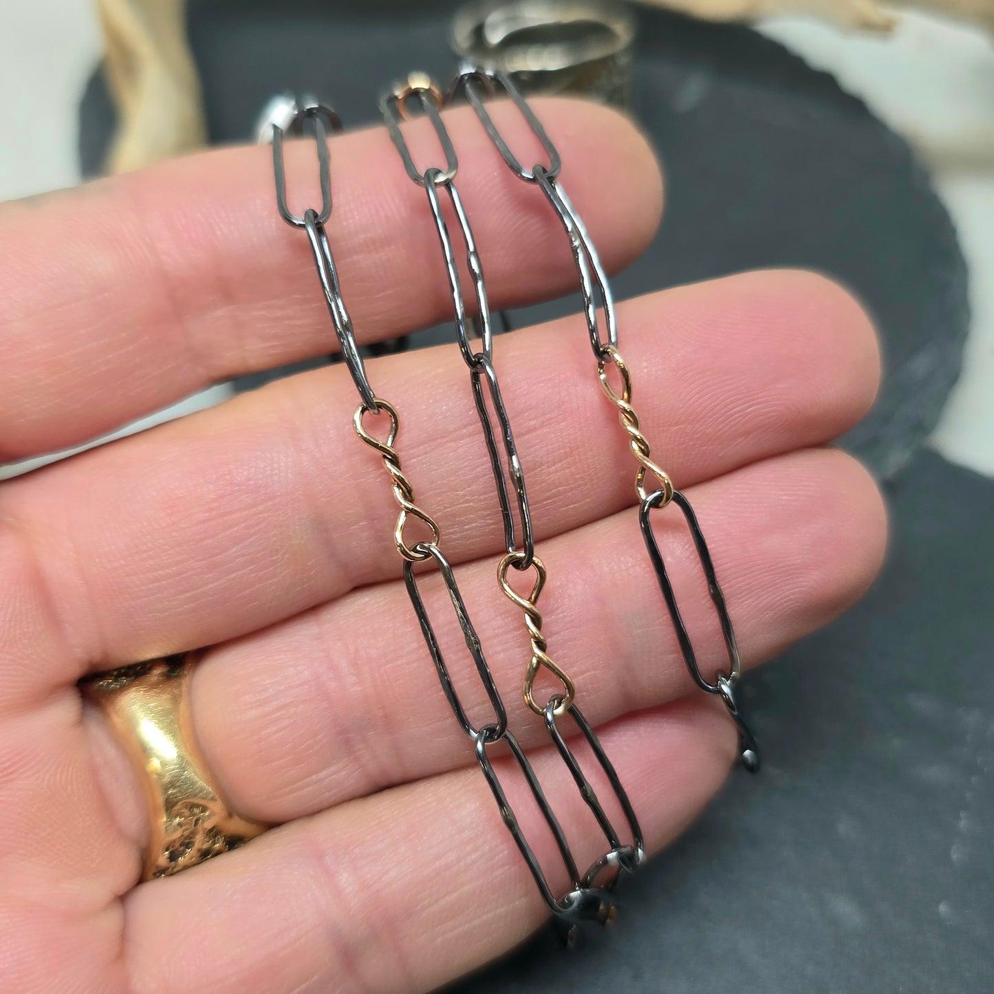 14K Gold Twisted Link Paperclip Chain in Hammered Sterling Silver | Collector Works