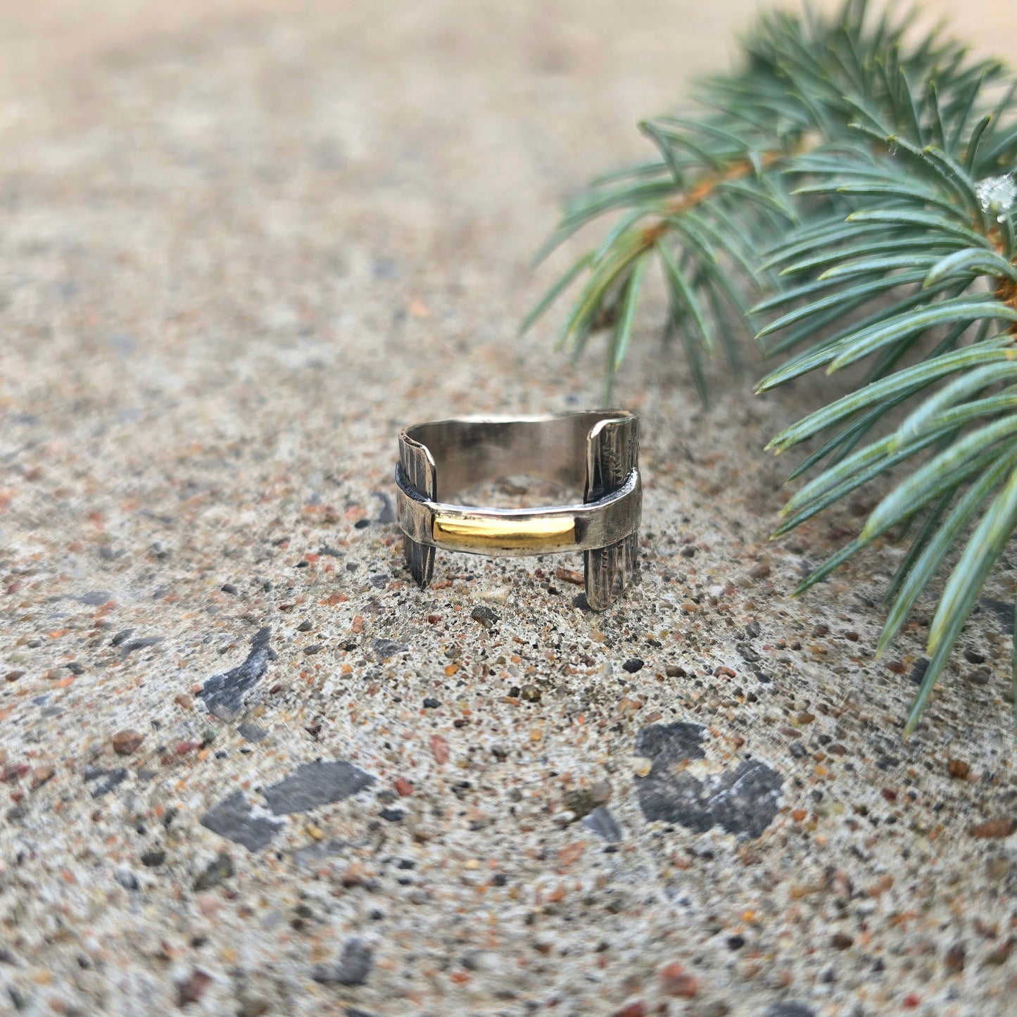 Sterling Silver & 18K Gold Bar Bridge Ring — Bench-Forged Signature Band