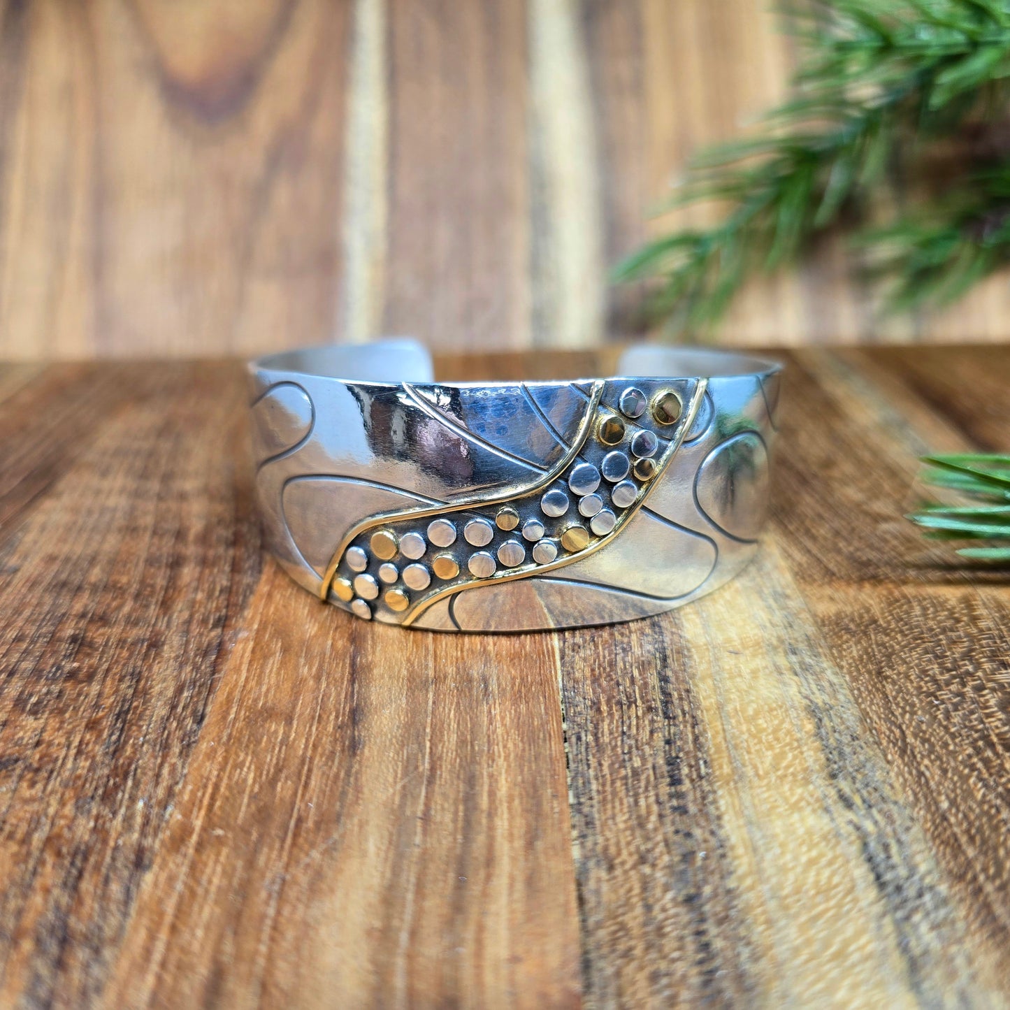 18k gold and Argentium silver river rock cuff bracelet