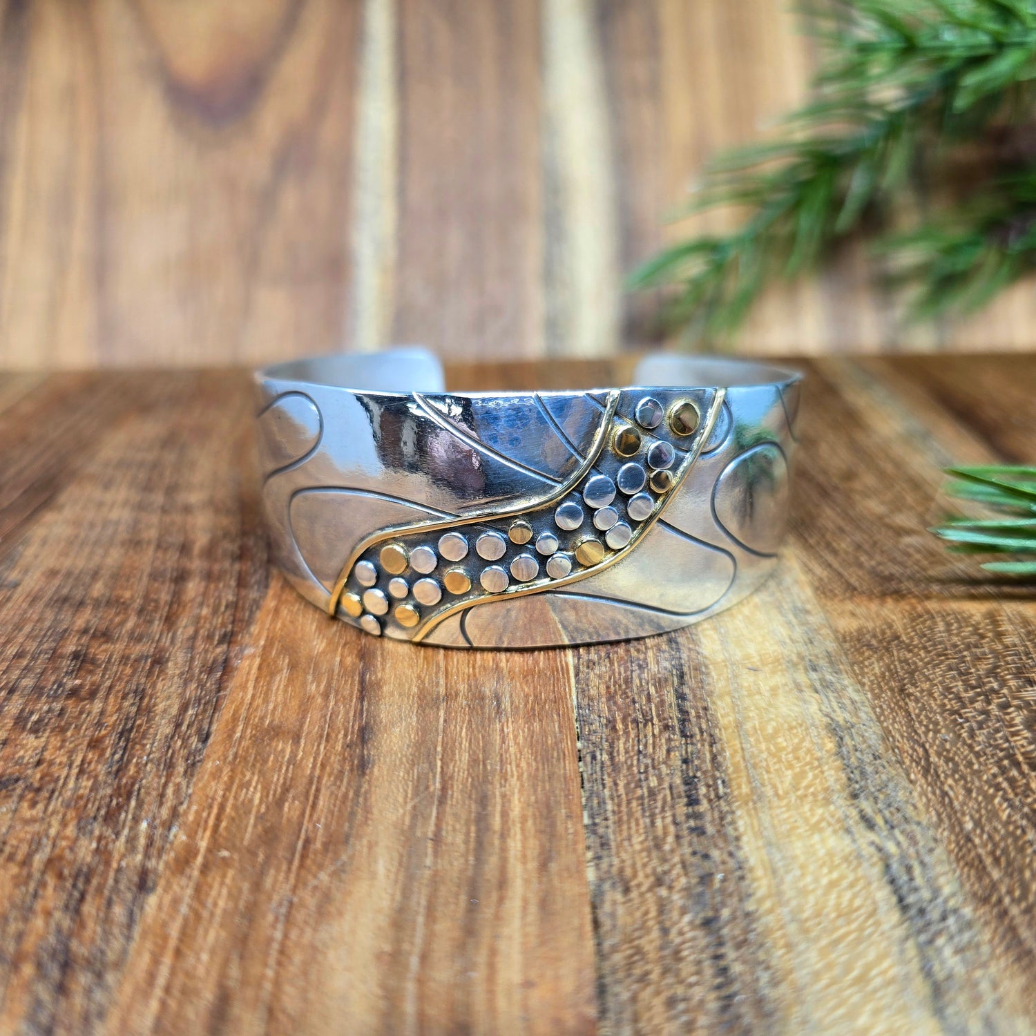 18k gold and Argentium silver river rock cuff bracelet