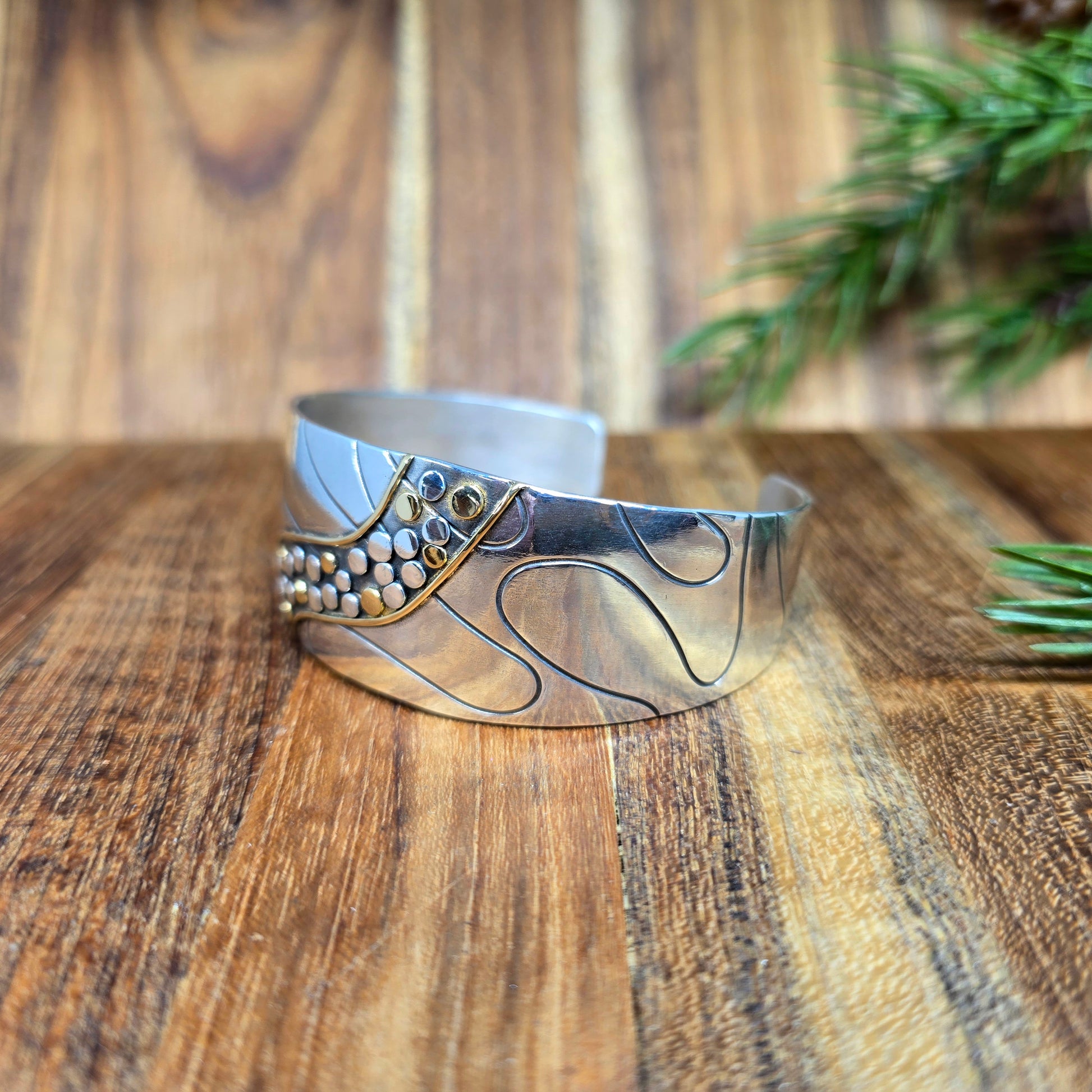 gold river rock accent Argentium silver bracelet