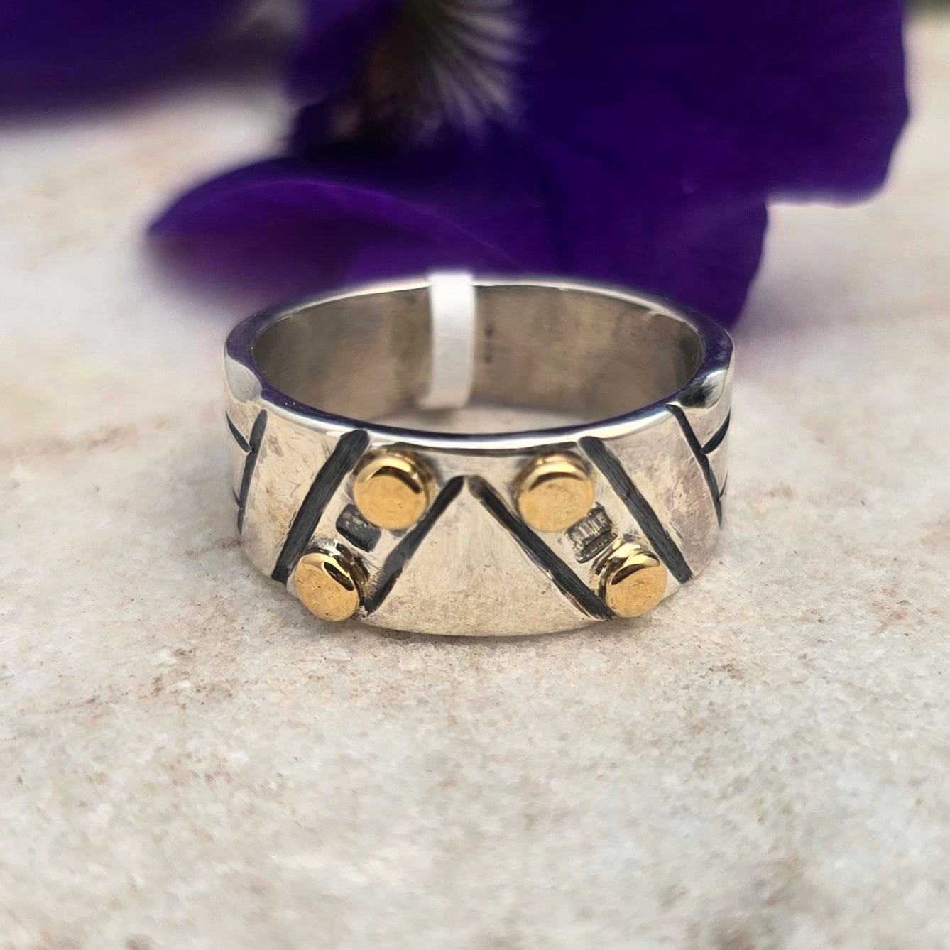 18k Gold Accented V Form Statement Ring in Sterling Silver