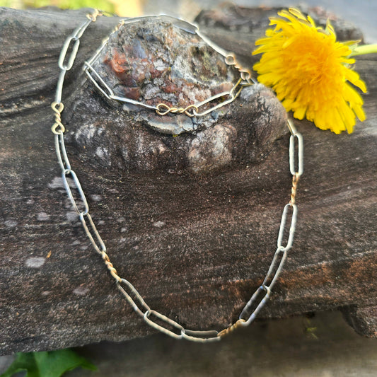 14K Gold Twisted Link Paperclip Chain in Hammered Sterling Silver | Collector Works