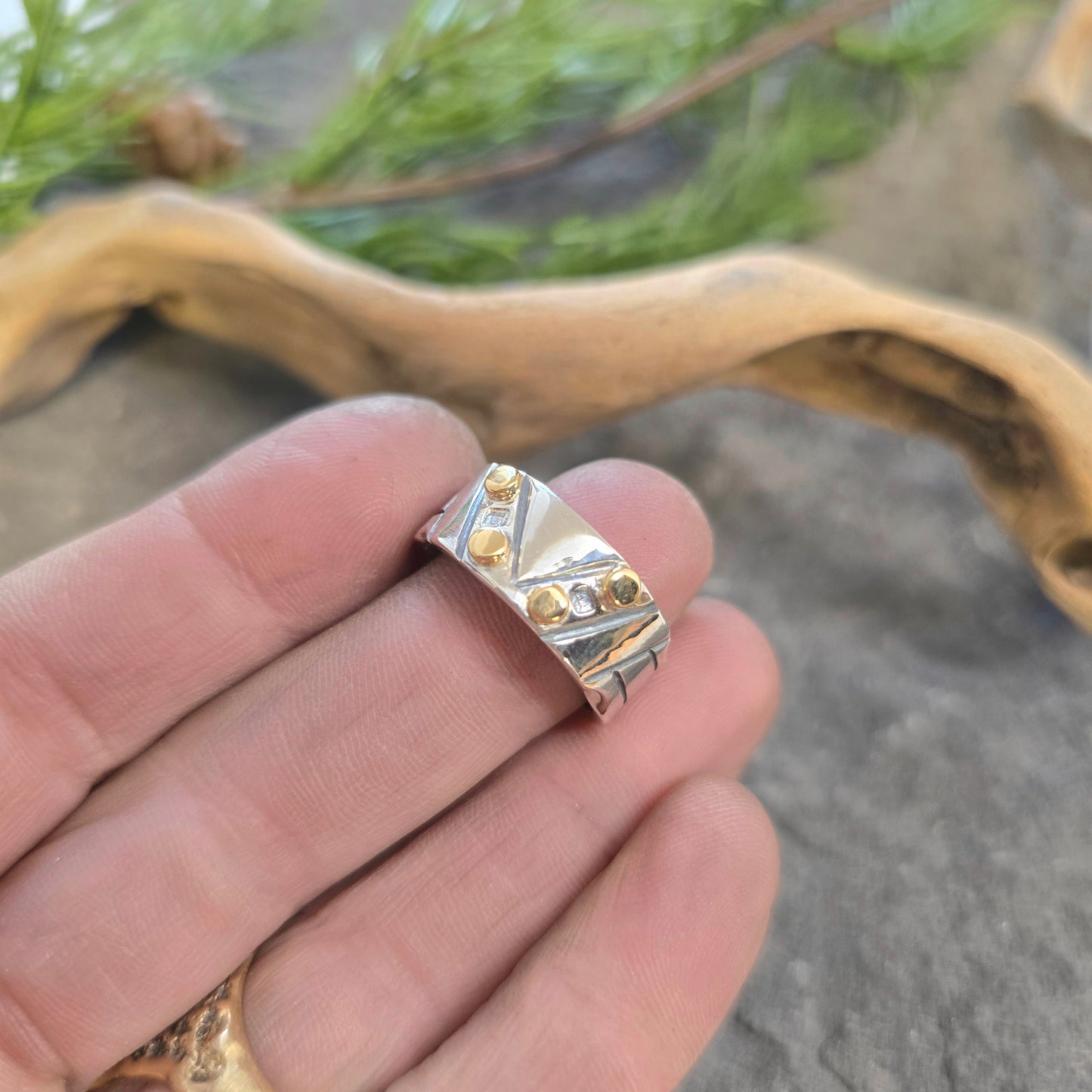 18k Gold Accented V Form Statement Ring in Sterling Silver