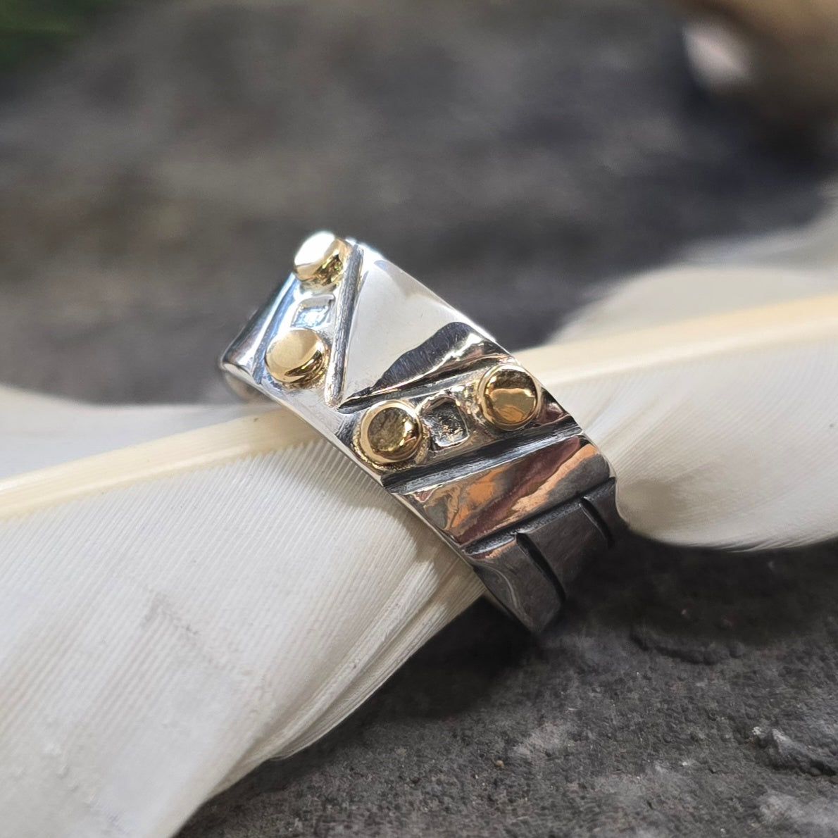 18k Gold Accented V Form Statement Ring in Sterling Silver