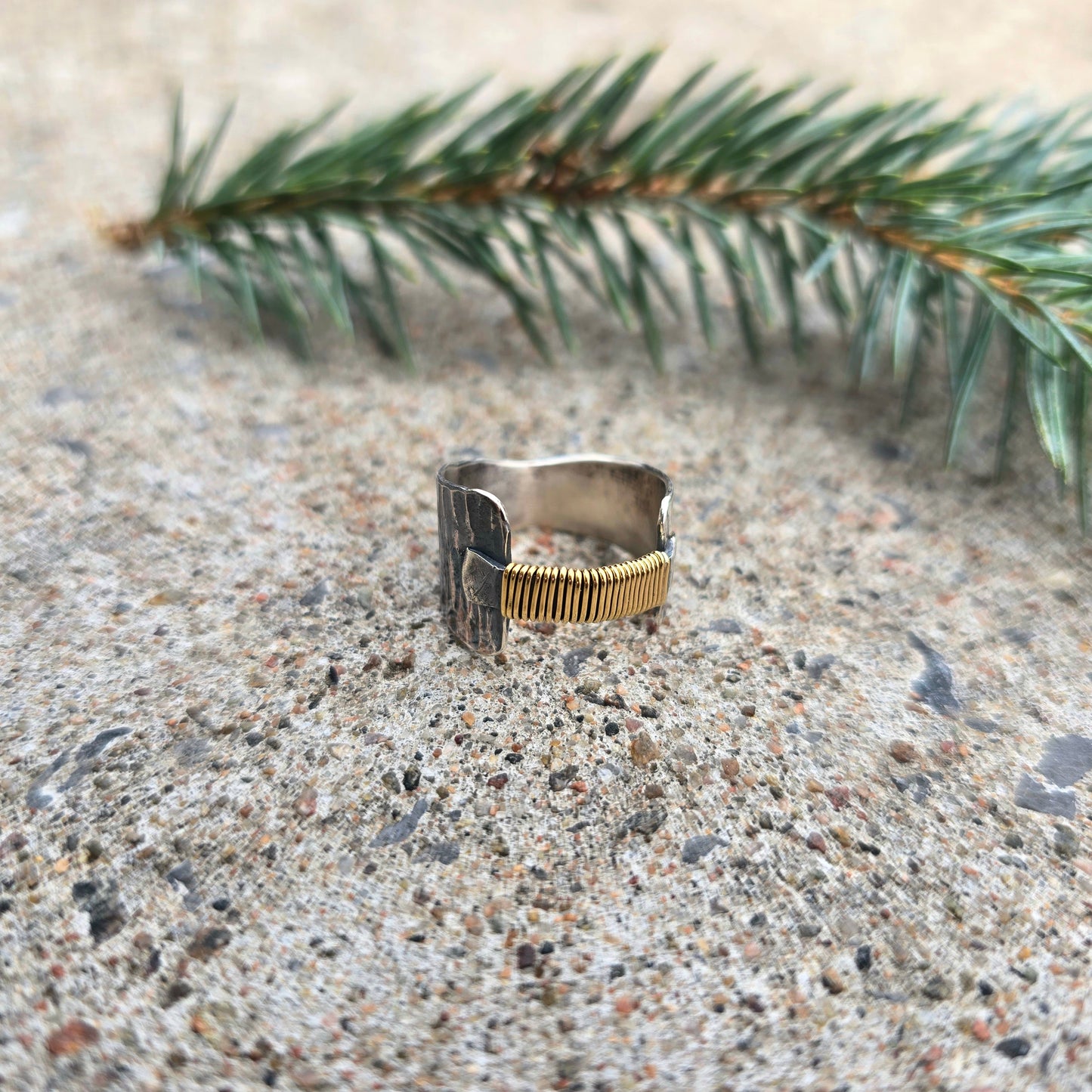 Sterling Silver & 18K Gold Wrapped Bridge Ring — Bench-Forged Statement Band