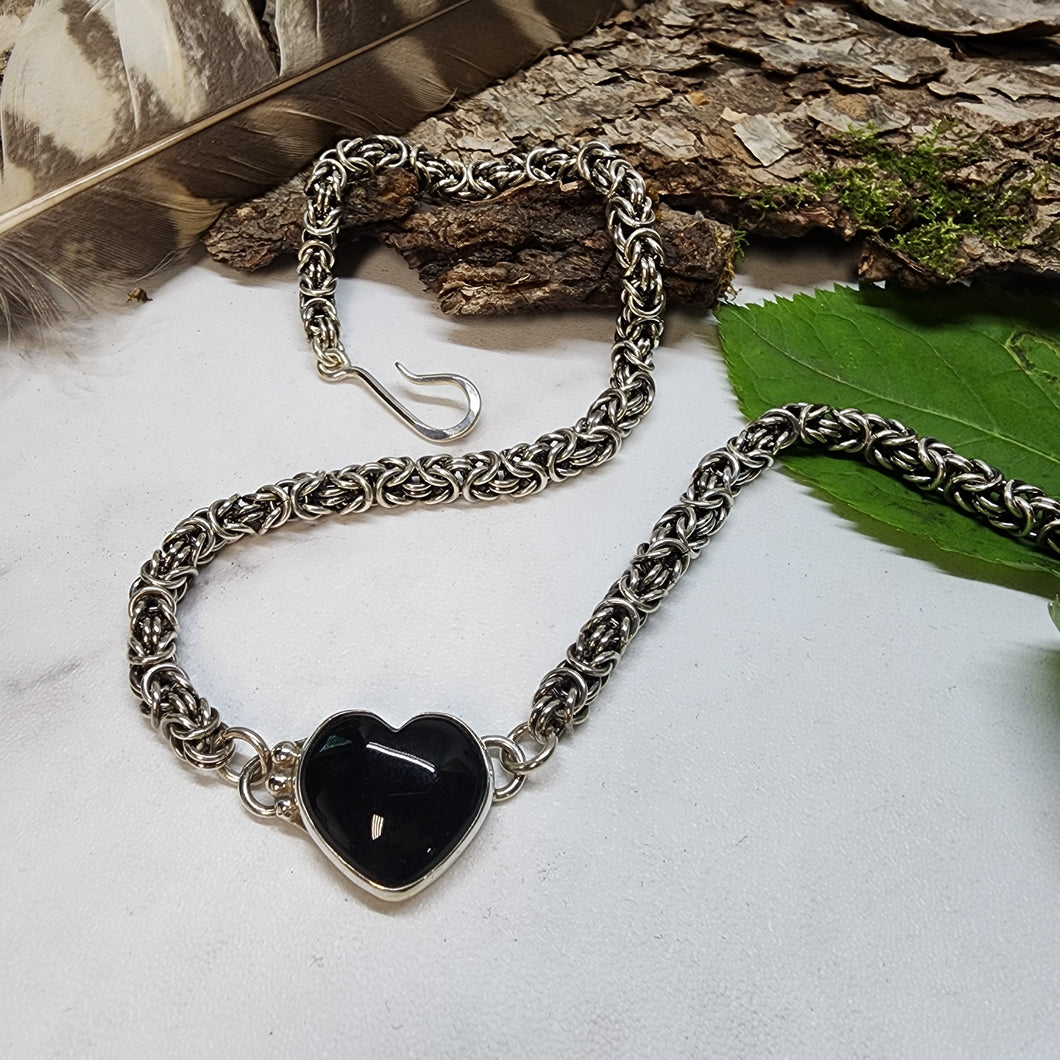 Black Onyx Heart and Byzantine Necklace