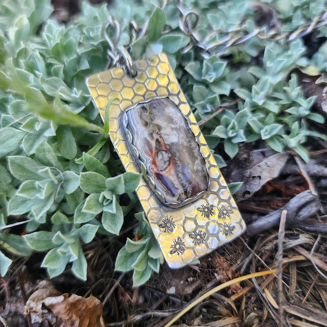 Crazy Lace Agate and Bee Pendant