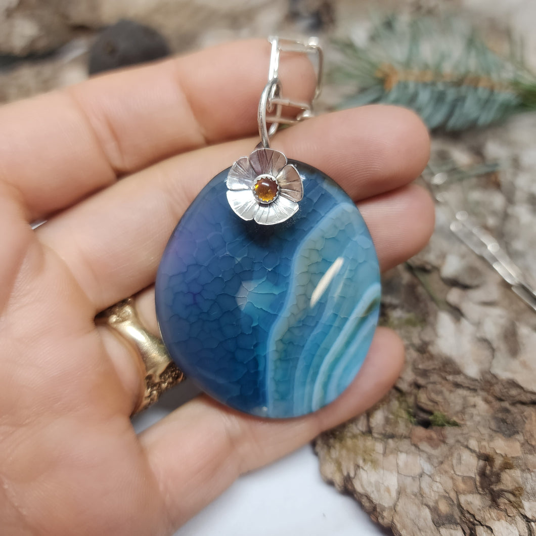 Blue Agate with Flower Pendant