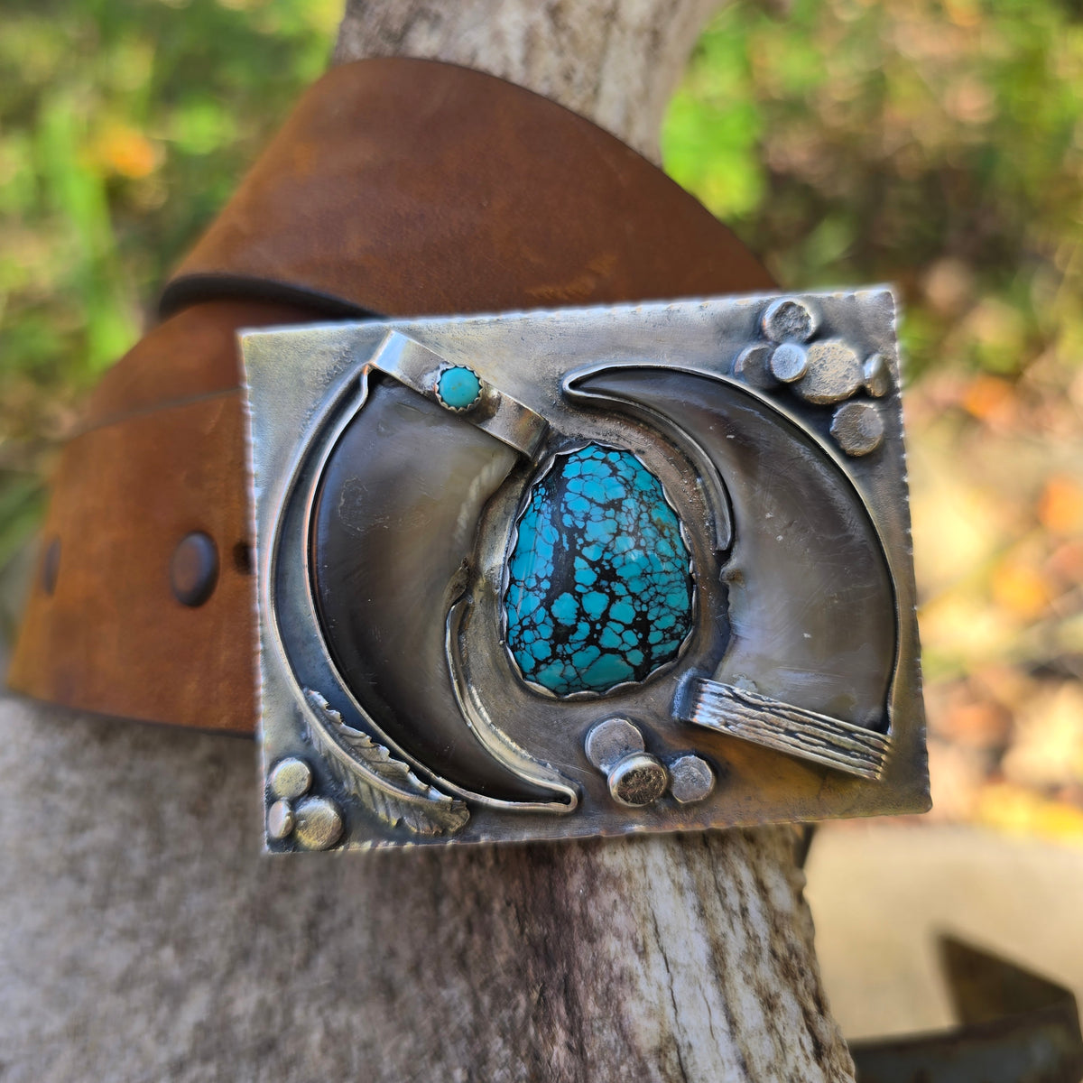 Black Bear Claw Turquoise Silver Belt Buckle | Sterling Roots display picture 1