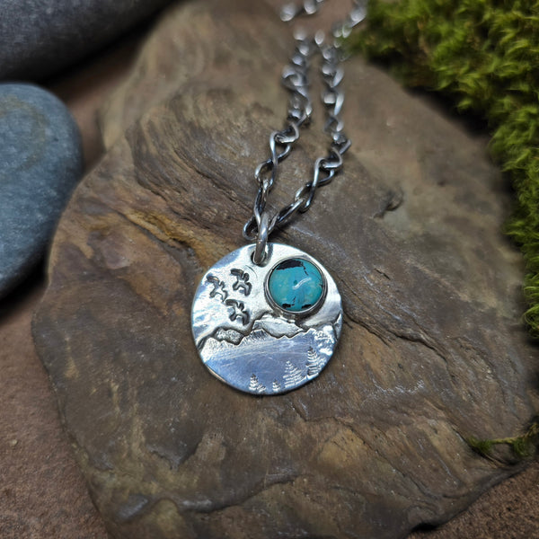 Turquoise Mountain and Bird Scene Pendant