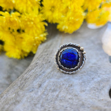 Load image into Gallery viewer, Sterling silver rope accent ring with deep blue dichroic glass, hand-forged in the Adirondacks by Sterling Roots
