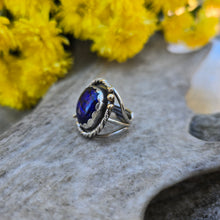 Load image into Gallery viewer, One-of-a-kind blue dichroic glass ring in sterling silver with triple shank detail, crafted by Sterling Roots
