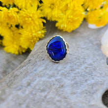Load image into Gallery viewer, Sterling silver ring with iridescent blue dichroic glass and double band design, hand-forged by Sterling Roots
