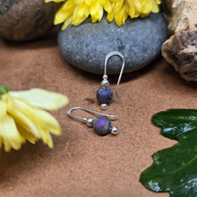 Load image into Gallery viewer, Sterling Roots rainbow druzy sterling silver threader earrings handcrafted by Adirondack silversmith Emily Dicob.
