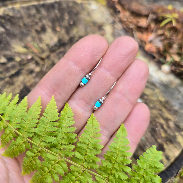 Sterling Roots turquoise threader earrings in sterling silver, handmade in Northern New York.