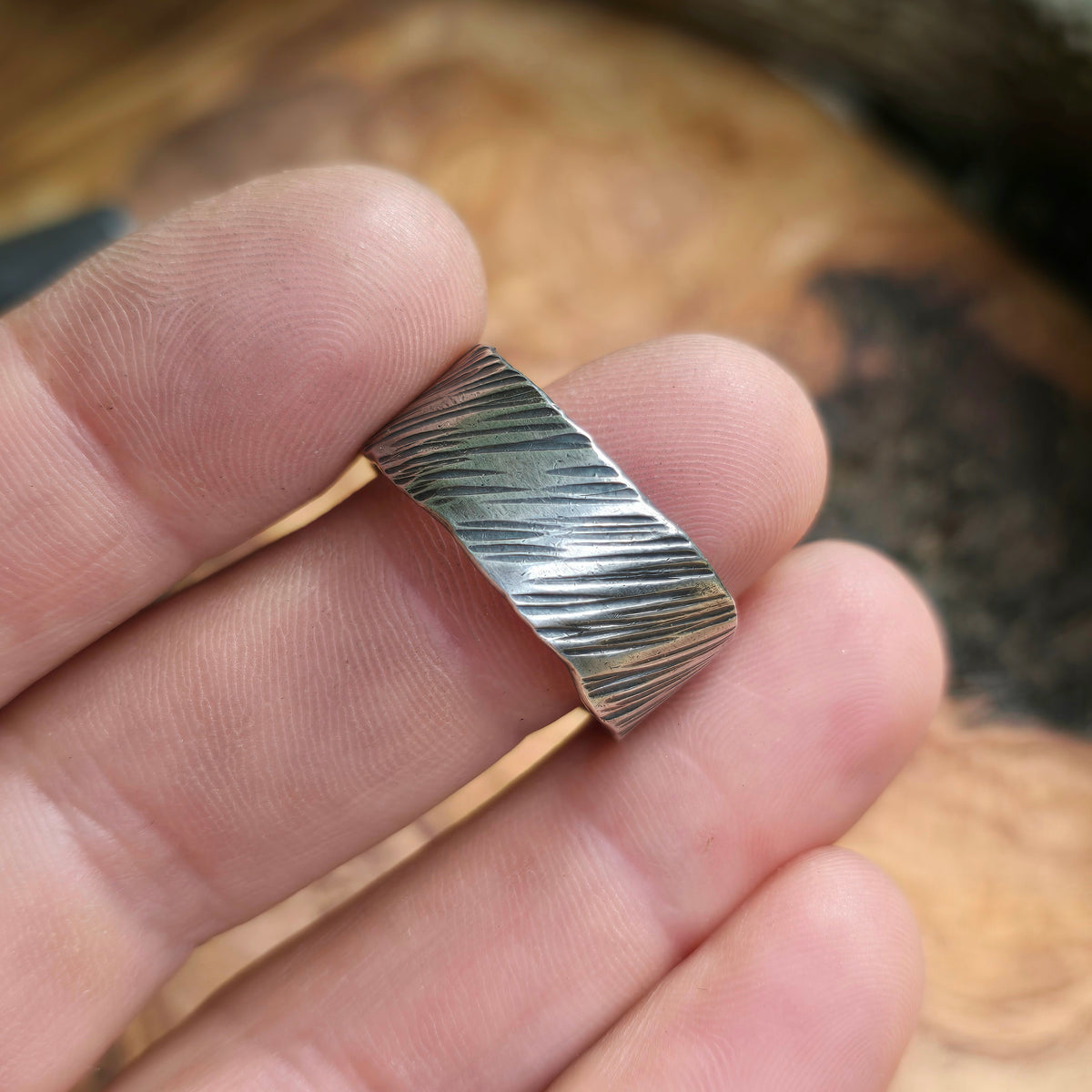 Men’s Striated Wide Band Hand-Forged Sterling Silver Ring