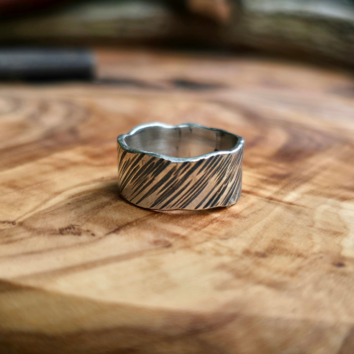 Men’s Striated Wide Band Hand-Forged Sterling Silver Ring