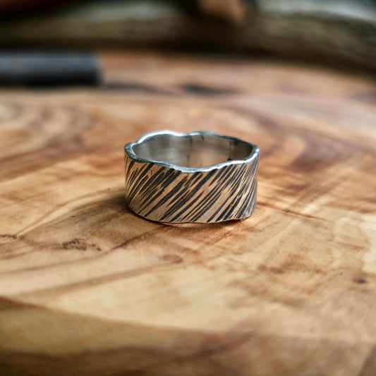 Men’s Striated Wide Band Hand-Forged Sterling Silver Ring