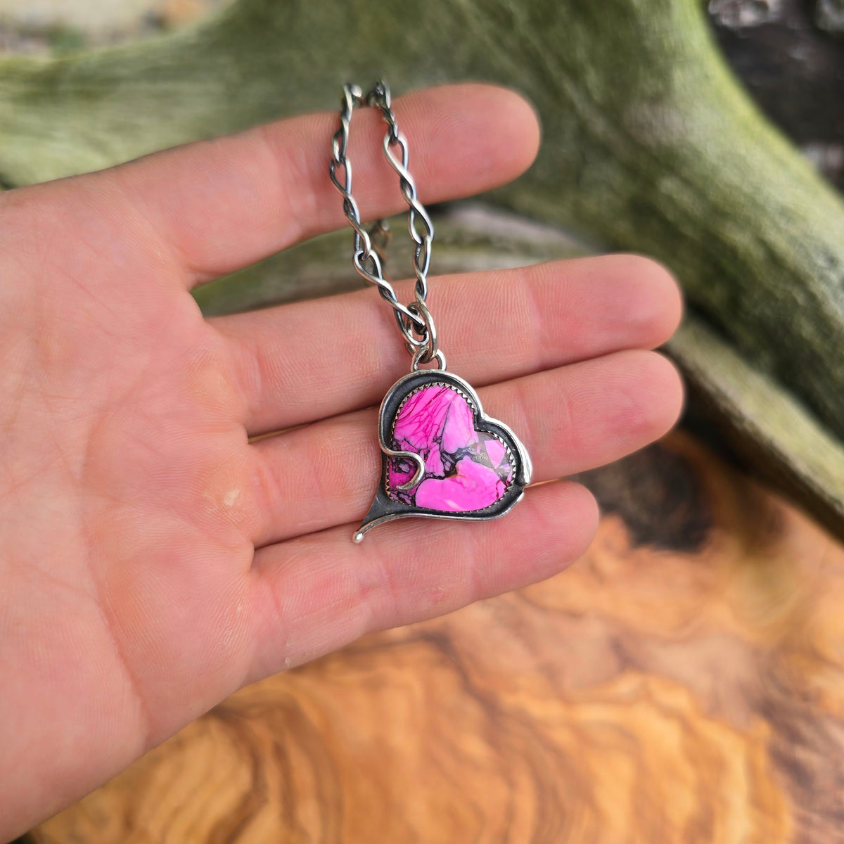 Pink Mojave Turquoise Heart Hand-Forged Sterling Silver Pendant