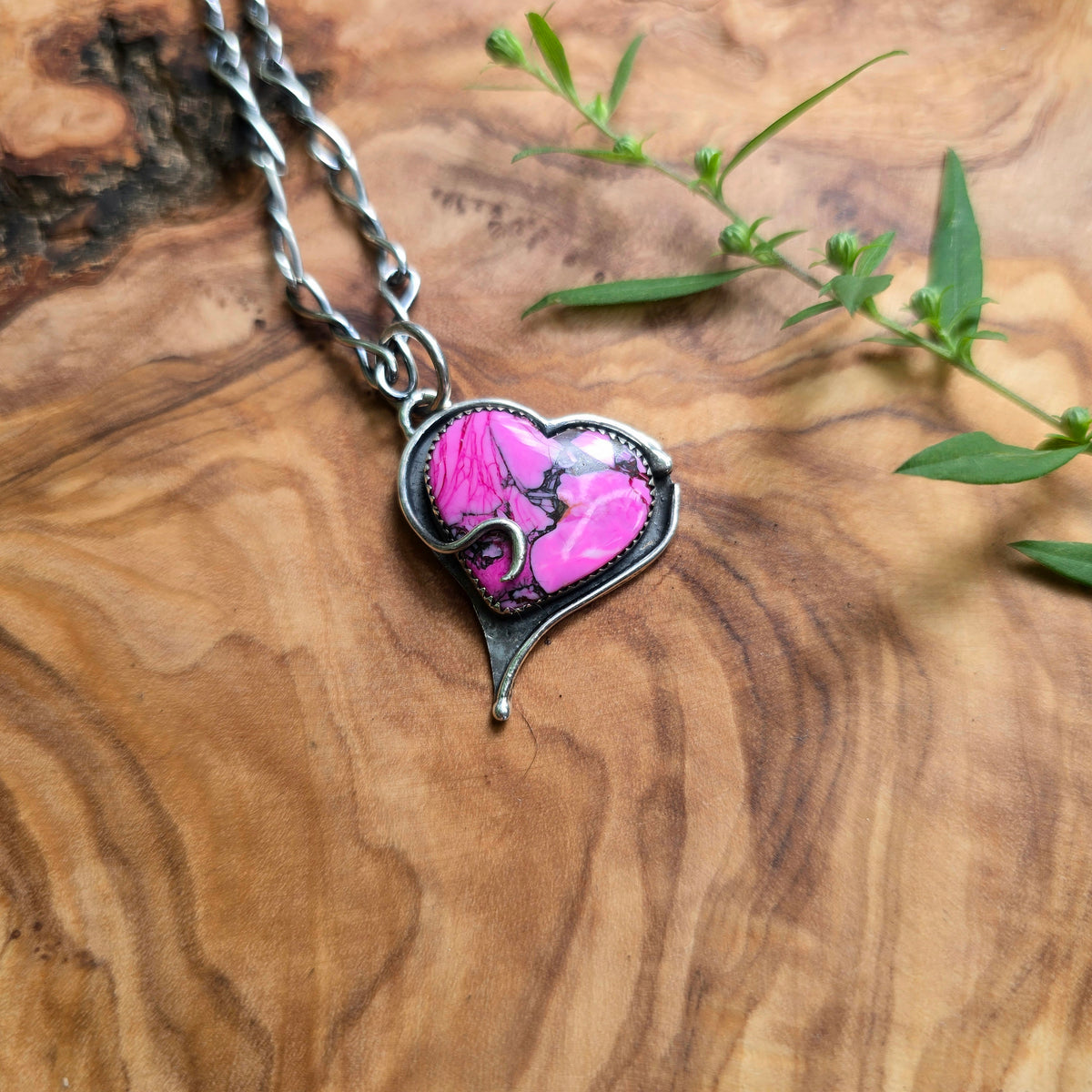 Pink Mojave Turquoise Heart Hand-Forged Sterling Silver Pendant