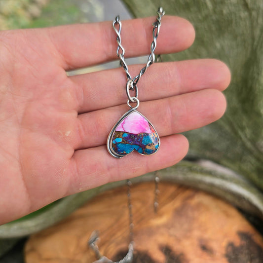 Pink & Blue Mojave Turquoise Hanging Heart Sterling Silver Pendant