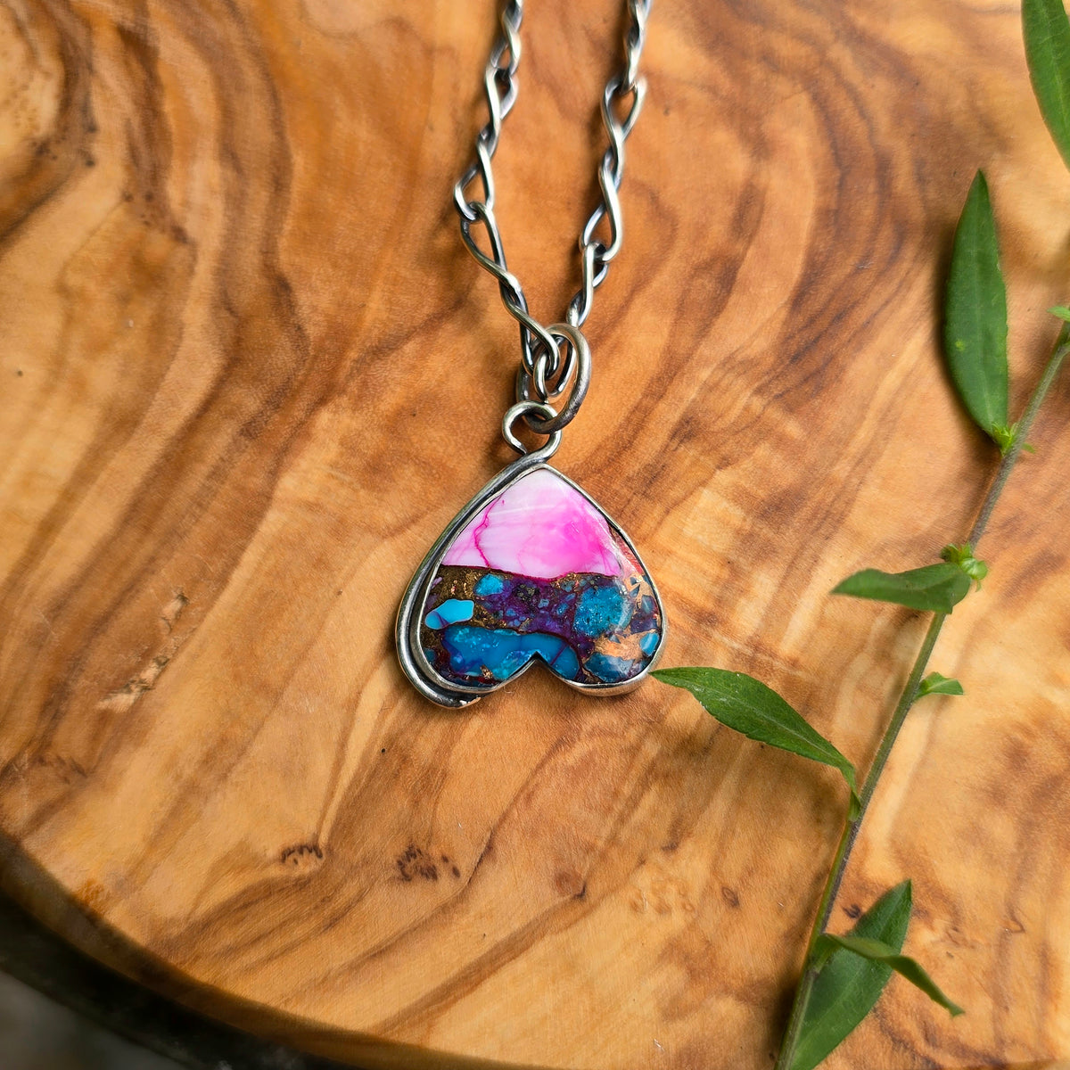 Pink & Blue Mojave Turquoise Hanging Heart Sterling Silver Pendant