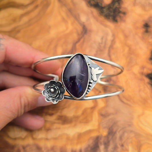 Genuine Amethyst, Hummingbird & Flower Sterling Silver Cuff Bracelet