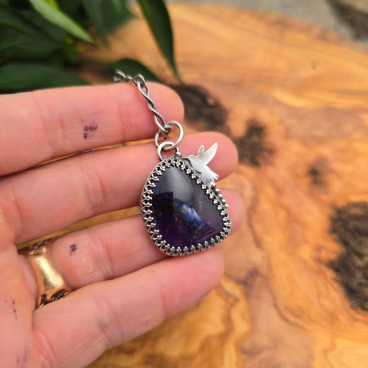 Genuine Amethyst & Hummingbird Hand-Forged Sterling Silver Pendant
