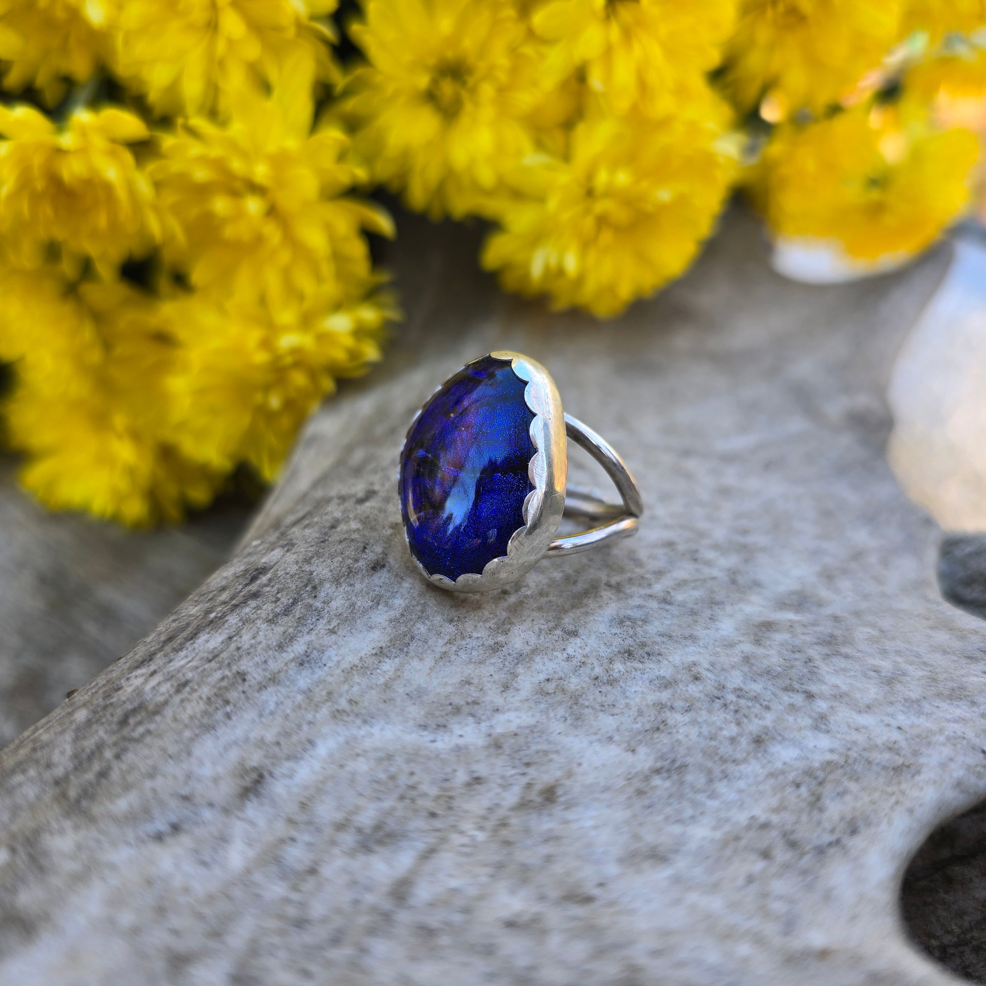 Hand-forged sterling silver ring with blue dichroic glass and double shank, crafted by Sterling Roots