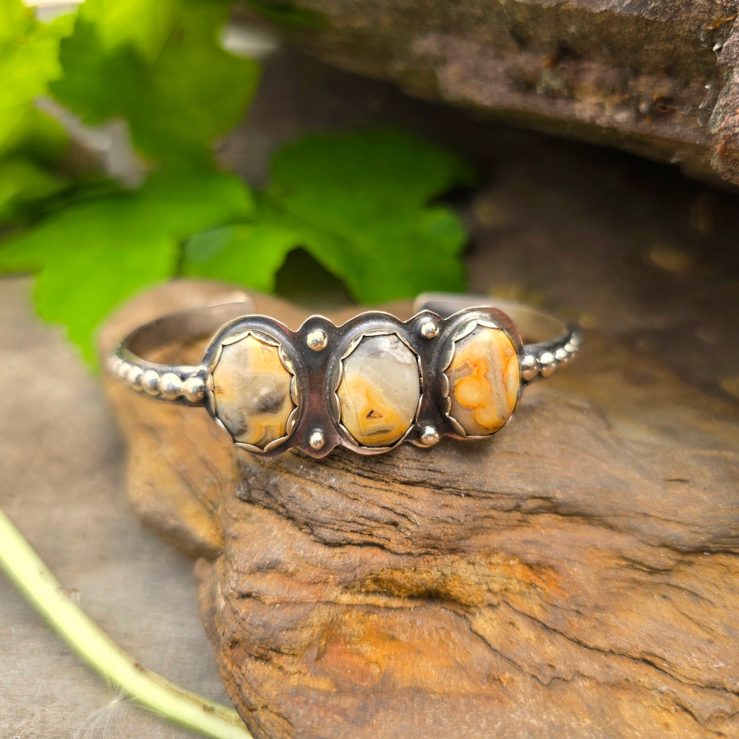 One-of-a-Kind Yellow Crazy Lace Agate Beaded Sterling Silver Cuff