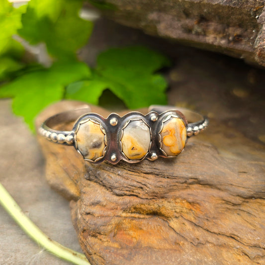 One-of-a-Kind Yellow Crazy Lace Agate Beaded Sterling Silver Cuff