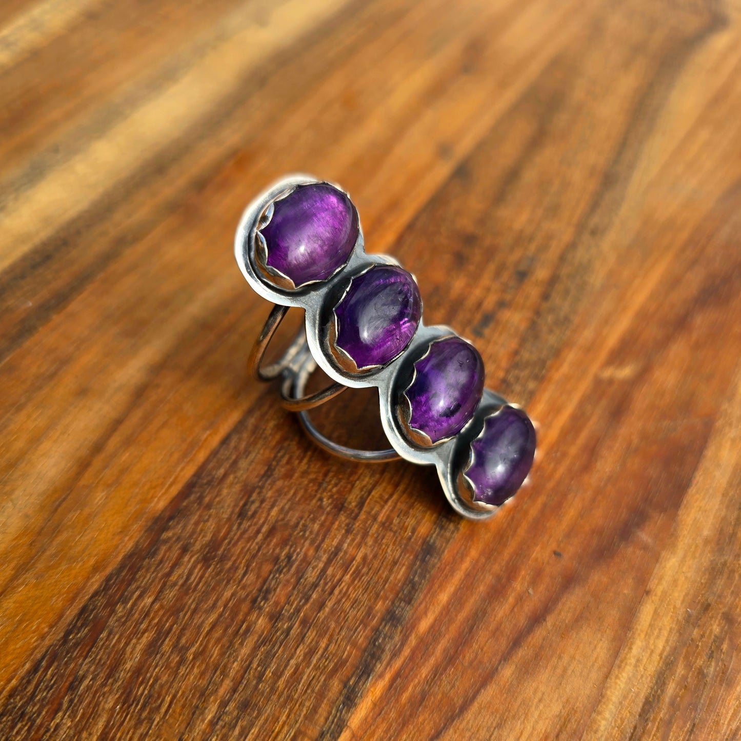 Four Stone Amethyst Statement Ring — One-of-a-Kind Sterling Silver Vertical Form