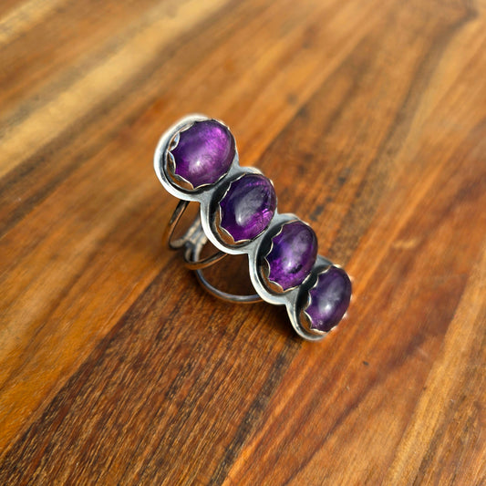 Four Stone Amethyst Statement Ring — One-of-a-Kind Sterling Silver Vertical Form