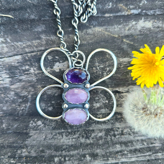 Amethyst & Kunzite Butterfly Pendant — One-of-a-Kind Sterling Silver
