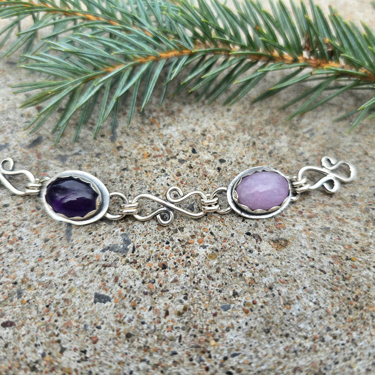Amethyst & Kunzite Sterling Silver Chain Link Bracelet