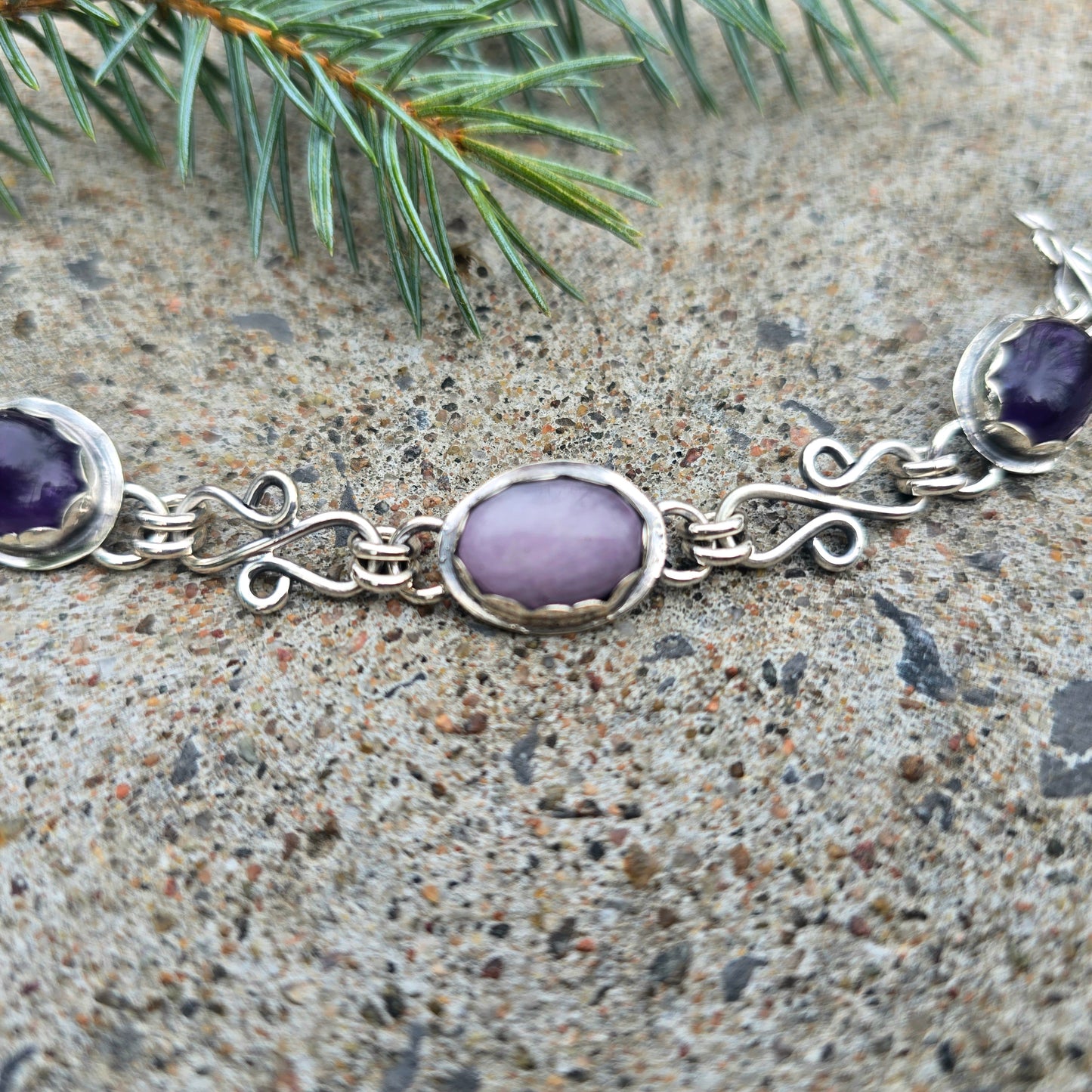 Kunzite & Amethyst Sterling Silver Chain Link Bracelet