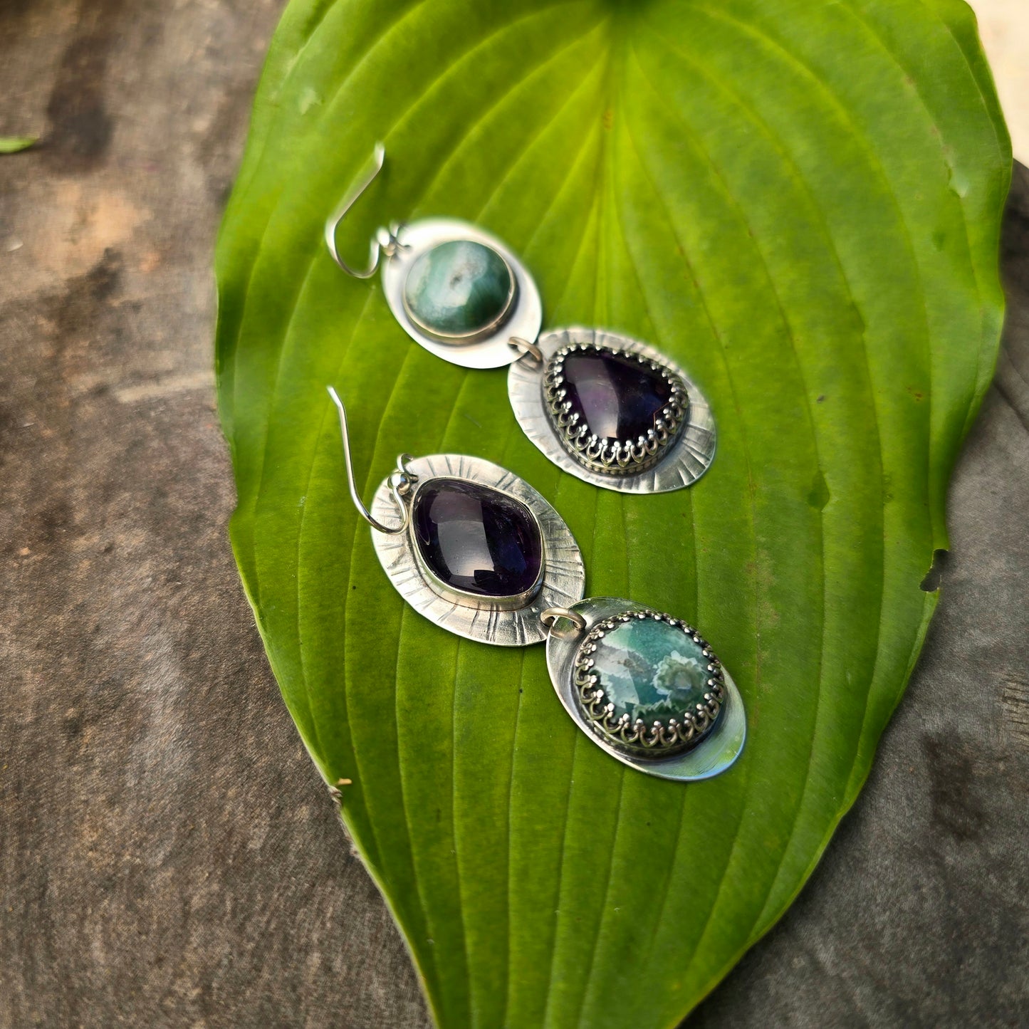 Amethyst & Ocean Jasper Perfectly Mismatched Sterling Silver Earrings