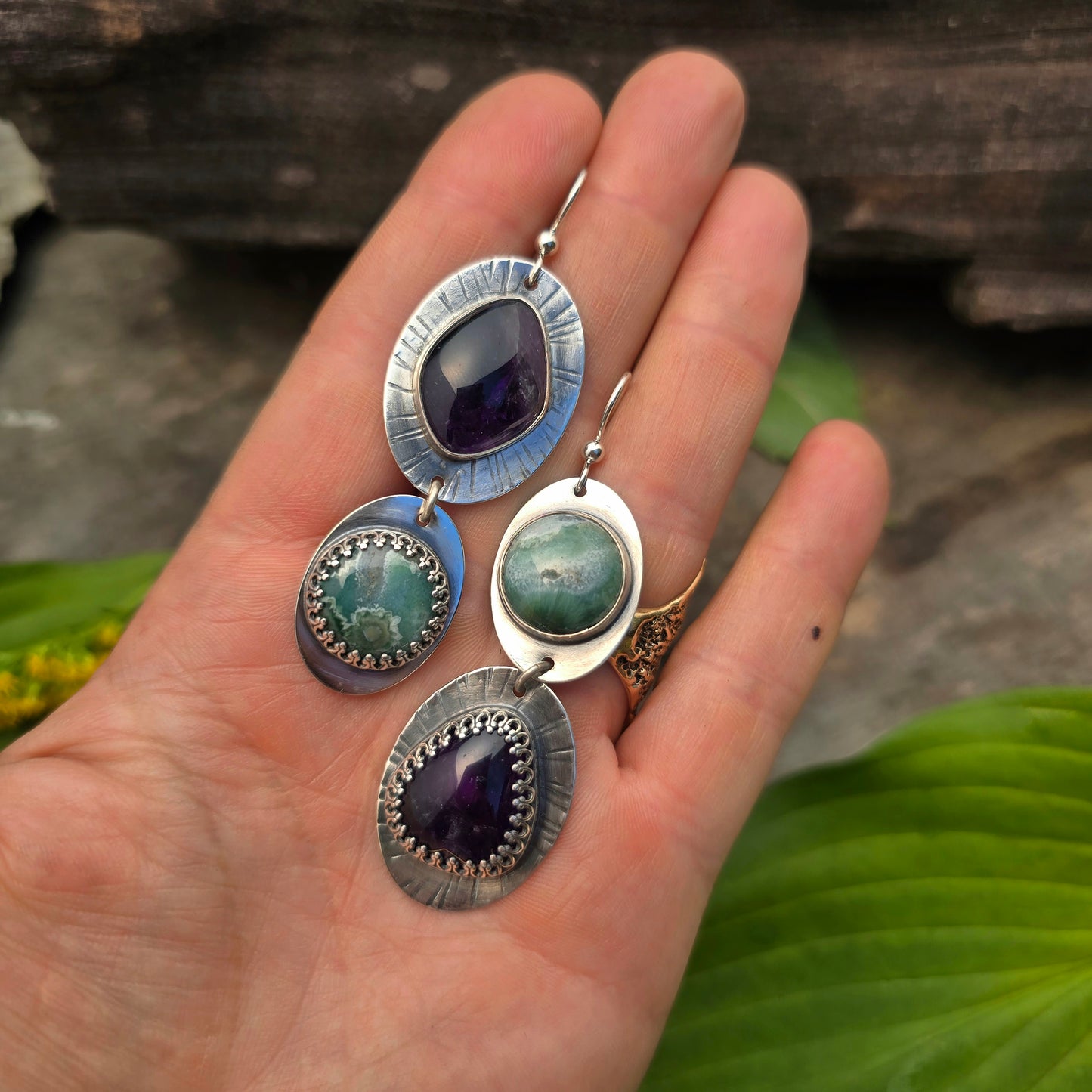 Amethyst & Ocean Jasper Perfectly Mismatched Sterling Silver Earrings