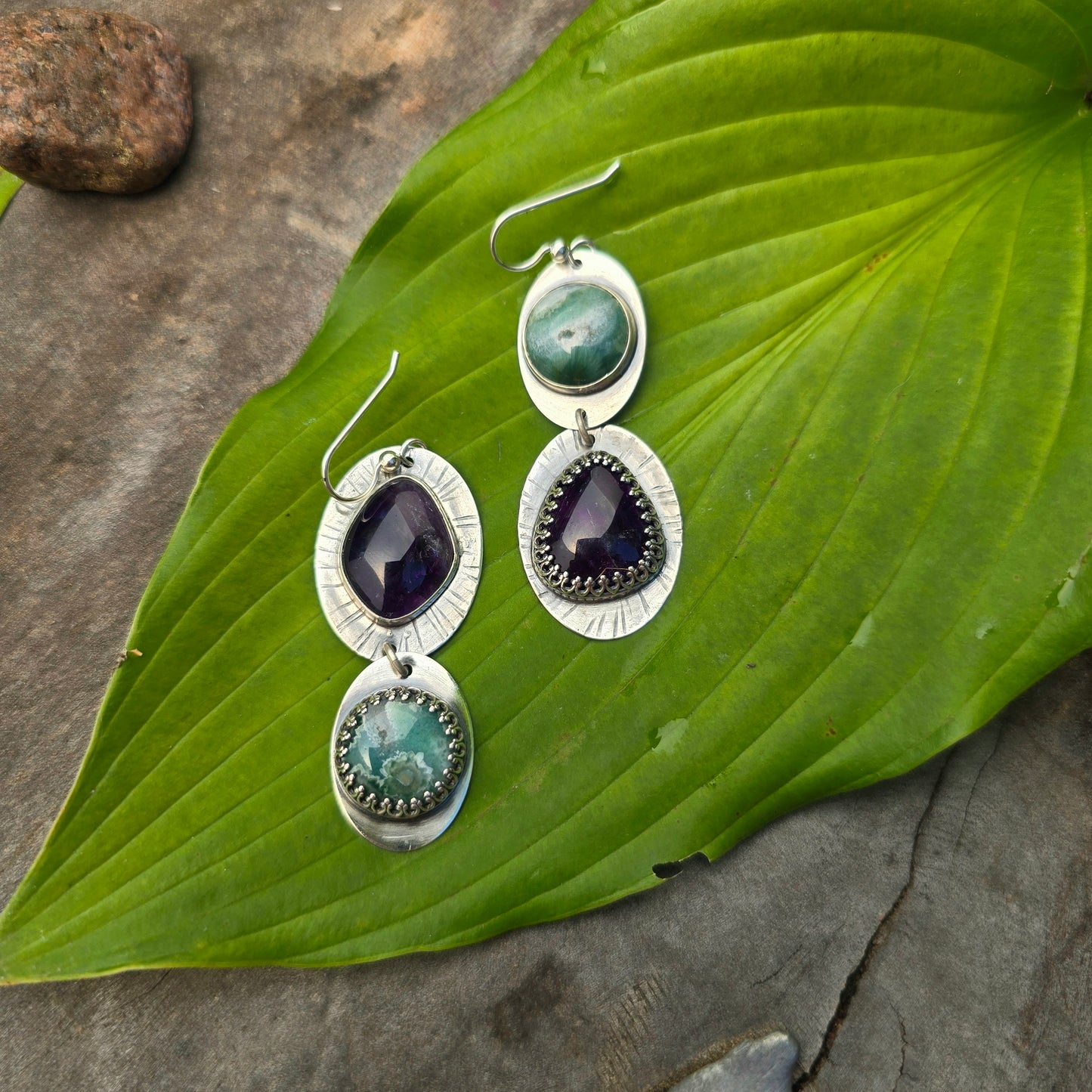 Amethyst & Ocean Jasper Perfectly Mismatched Sterling Silver Earrings
