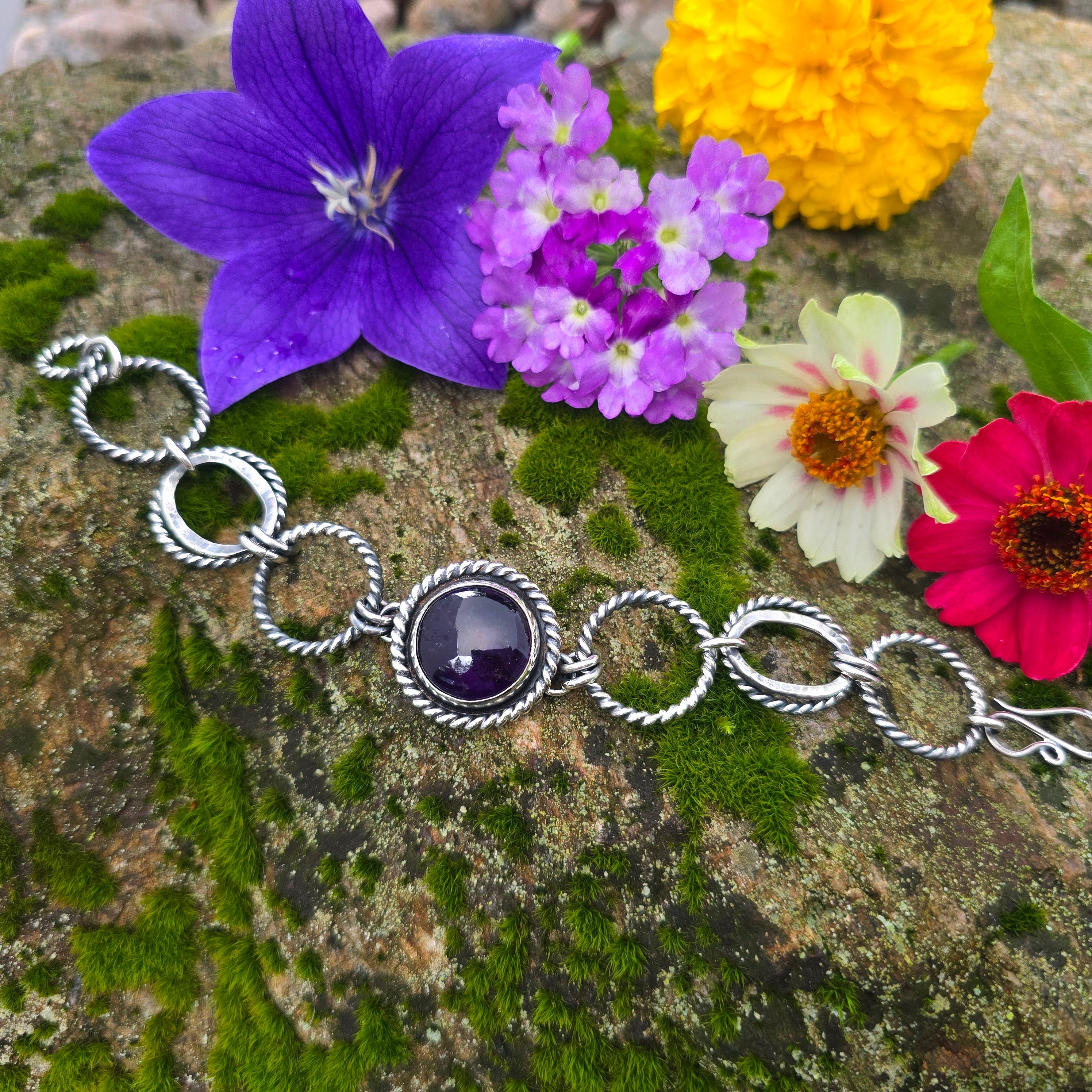 Heavy Twisted Hoop Amethyst Chain Link Bracelet | Sterling Silver