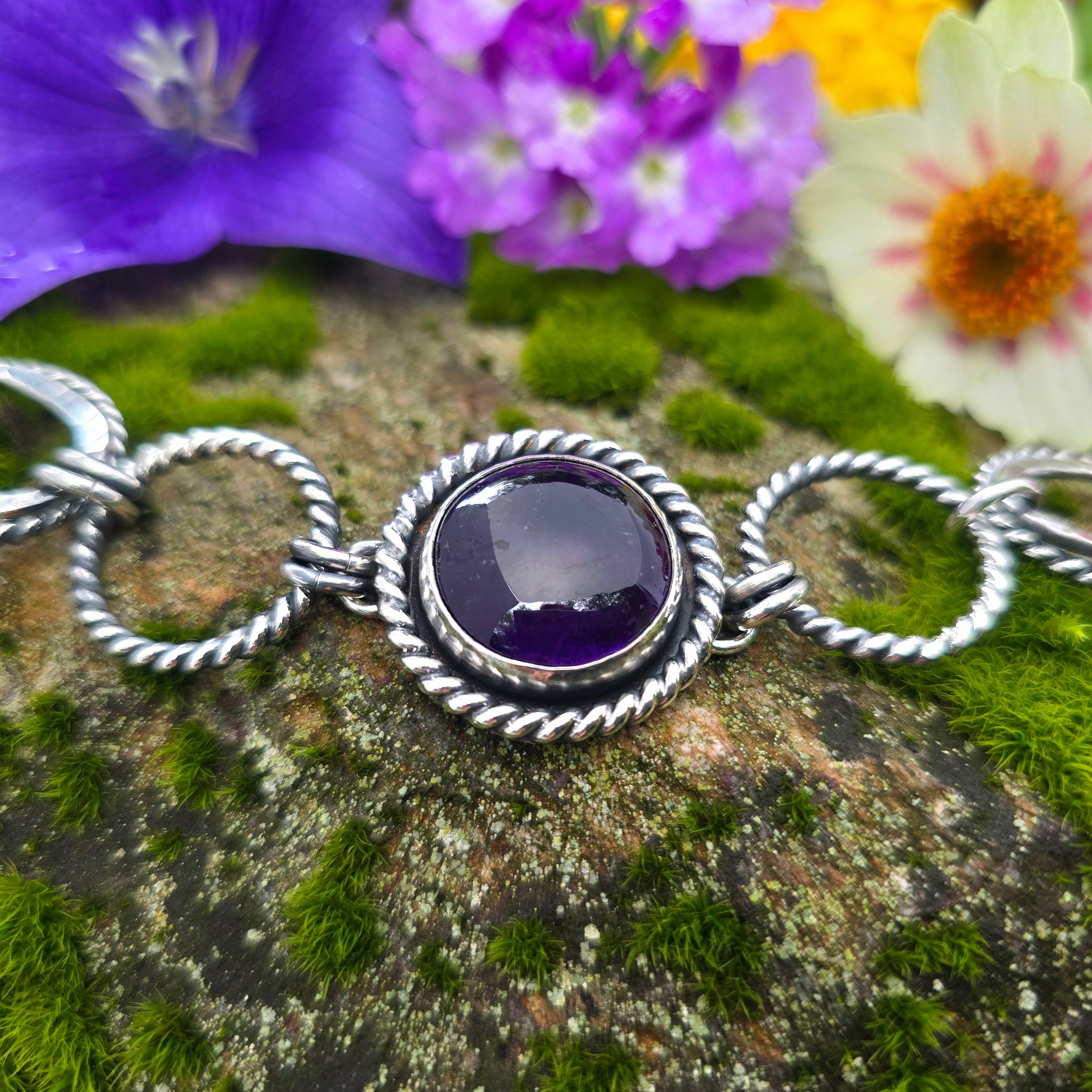 Heavy Twisted Hoop Amethyst Chain Link Bracelet | Sterling Silver