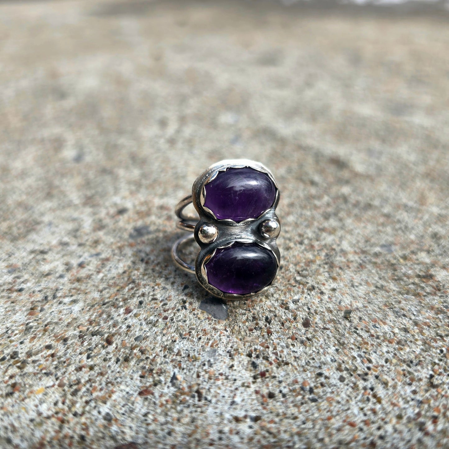 Hand-Forged Double Amethyst Sterling Silver Ring
