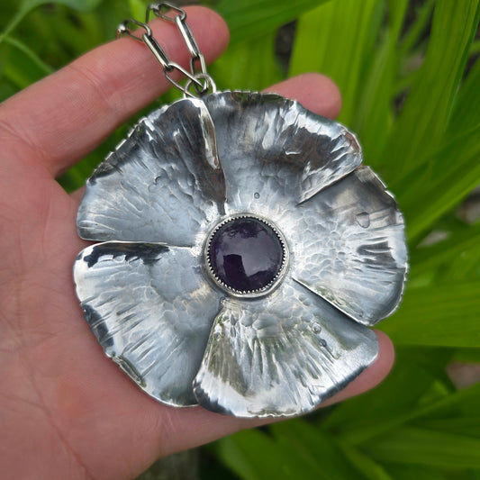 Amethyst Flower Sterling Silver Statement Pendant
