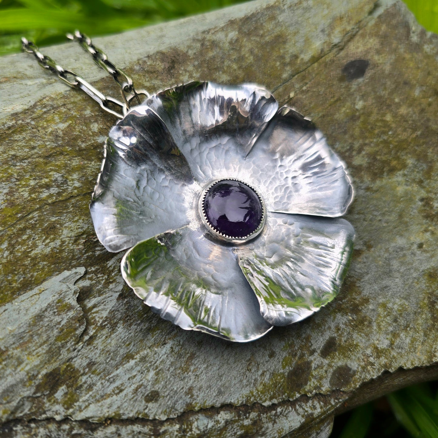 Amethyst Flower Sterling Silver Statement Pendant