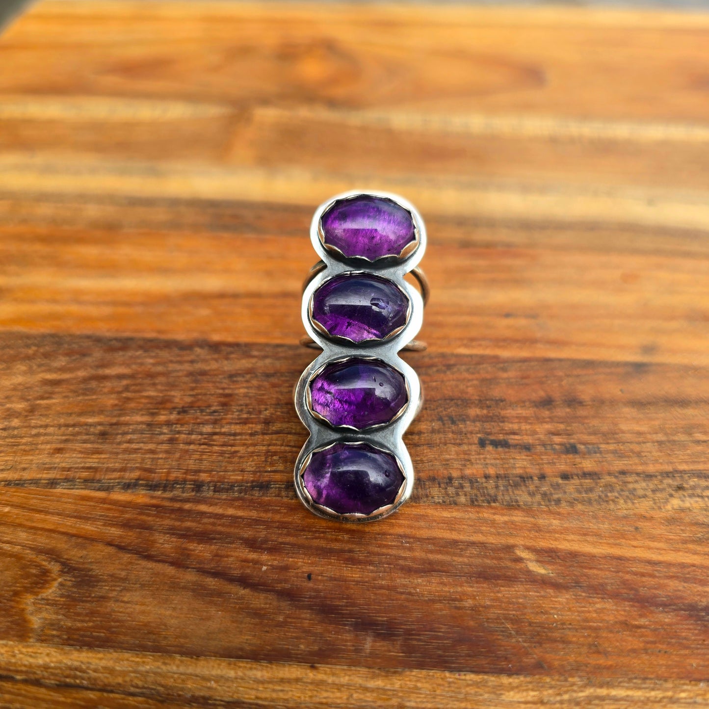 Four Stone Amethyst Statement Ring — One-of-a-Kind Sterling Silver Vertical Form