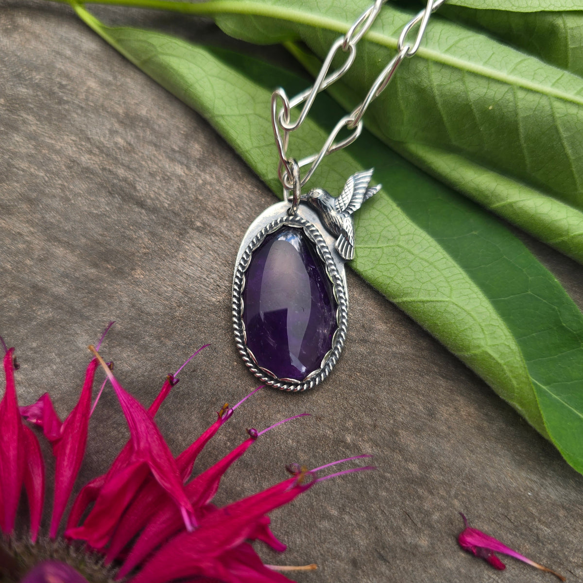 Amethyst Hummingbird Hand-Forged Sterling Silver Pendant