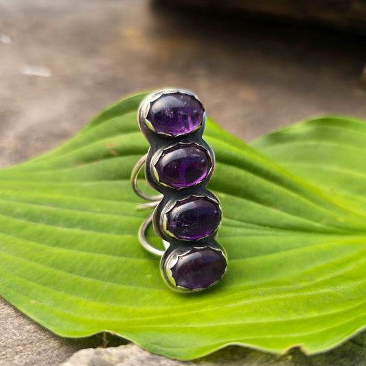 Four Stone Amethyst Statement Ring — One-of-a-Kind Sterling Silver Vertical Form